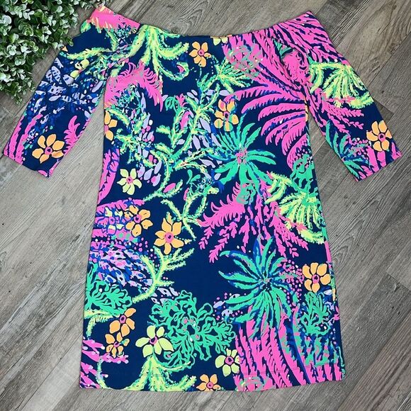 Lilly Pulitzer Indigo All A Glow Tropical Floral Laurana Off The Shoulder Dress - Picture 11 of 13